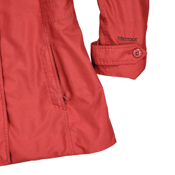 Marmot Trench Coat sz L Women Hooded Brick Red Lined Mid Length Lined Pockets - Picture 10 of 13